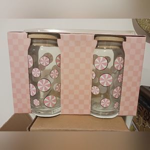 Pink Peppermint Pattern Glass Canister Set with Wood Lids